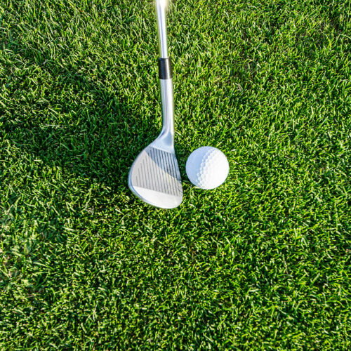 Golfschläger und Ball auf einer grünen Wiese